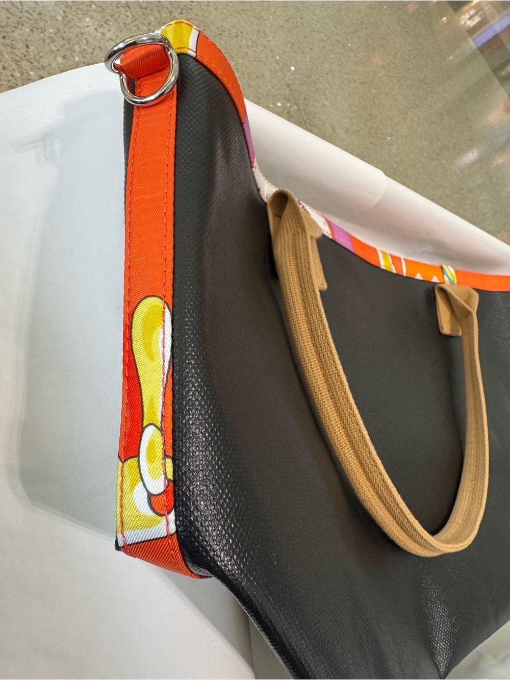 ‘26 Hermes Petit h Wax-Canvas Tote w/ Silk Print Ribbing & Contrast Top Handles - Picture 13 of 16